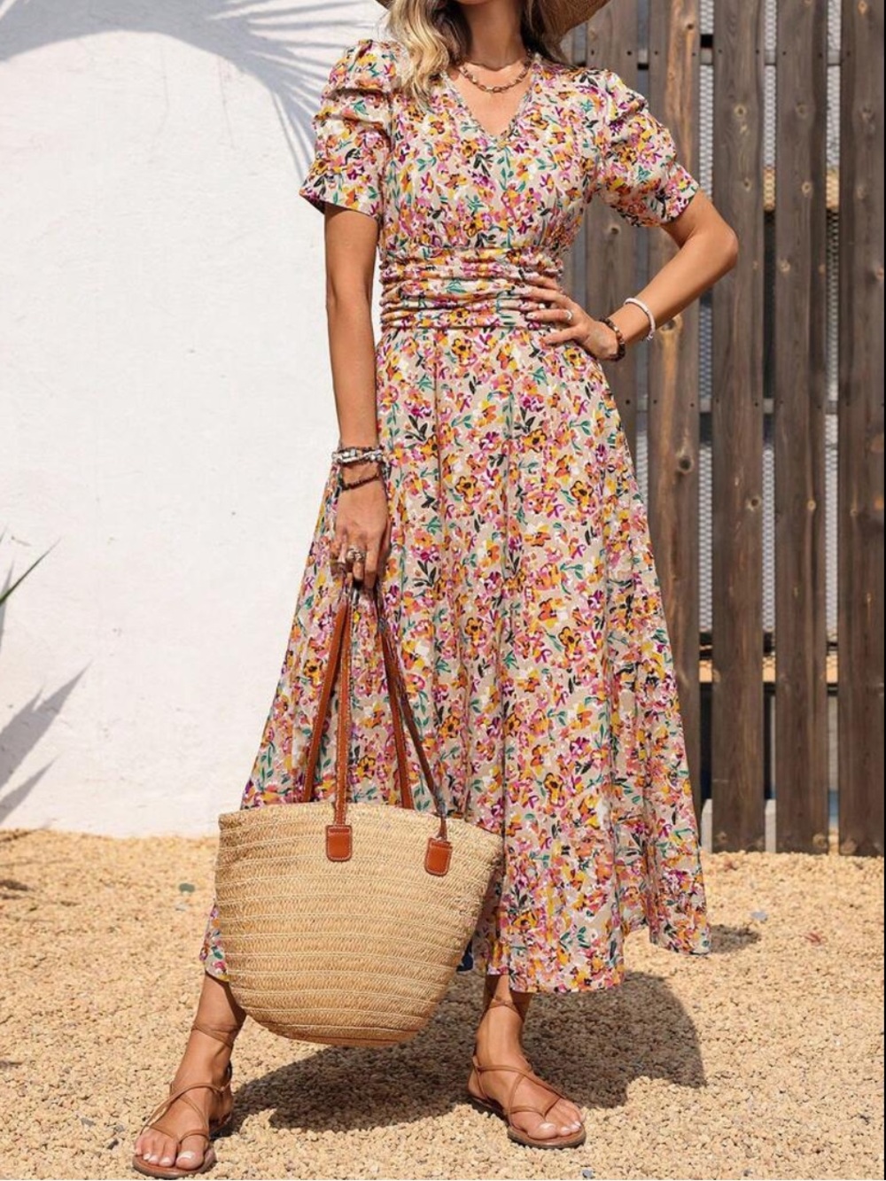 Floral V-Neck Midi Dress in Multi